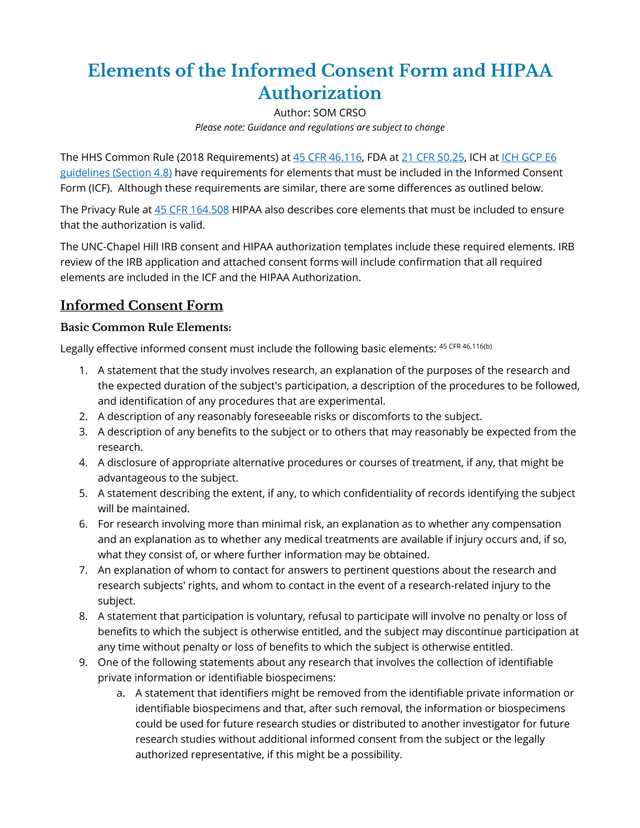 Elements Of The Informed Consent Form And HIPAA Authorization screenshot