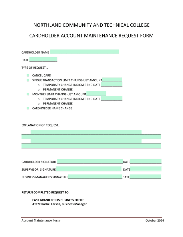 Cardholder Account Maintenance Request Form screenshot