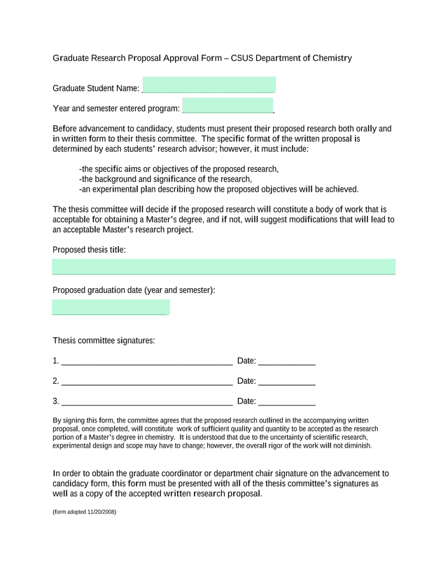 Graduate Research Proposal Approval Form  CSUS Department Of Chemistry screenshot