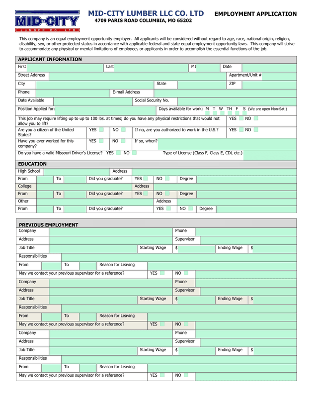 MID CITY LUMBER LLC CO. LTD EMPLOYMENT APPLICATION screenshot
