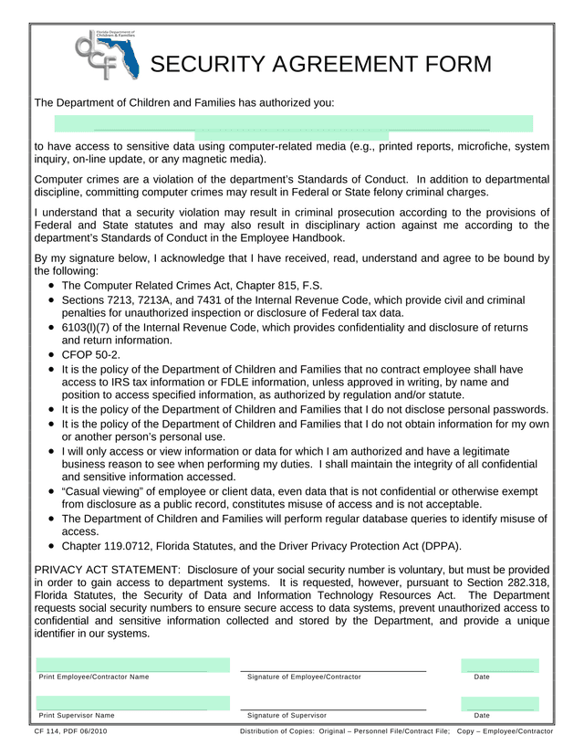 SECURITY AGREEMENT FORM screenshot