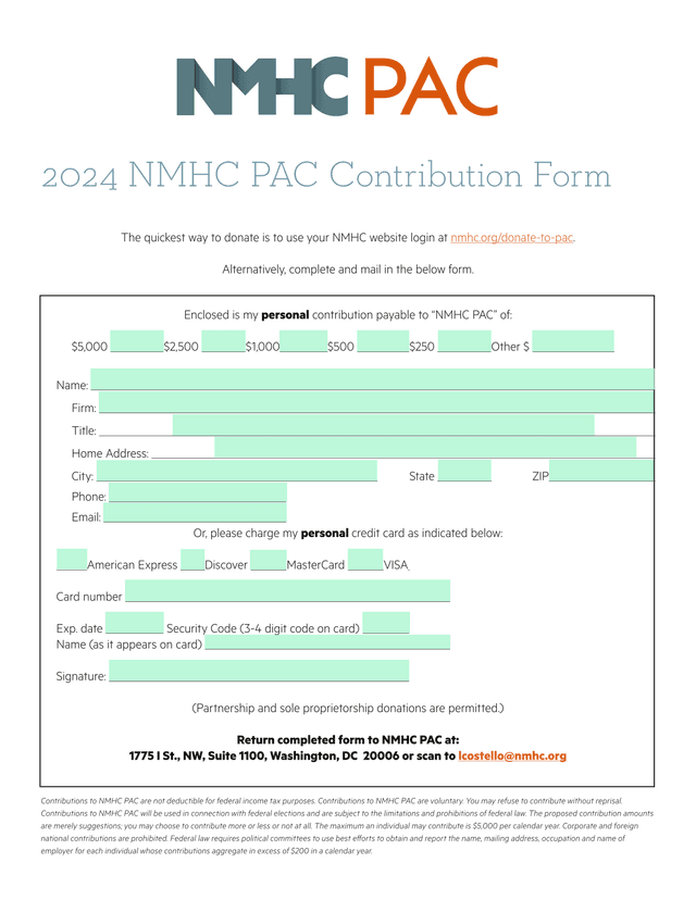 2024 NMHC PAC Contribution Form screenshot
