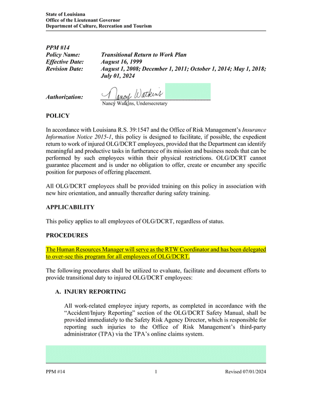 PPM 14 Transitional Return To Work Plan screenshot