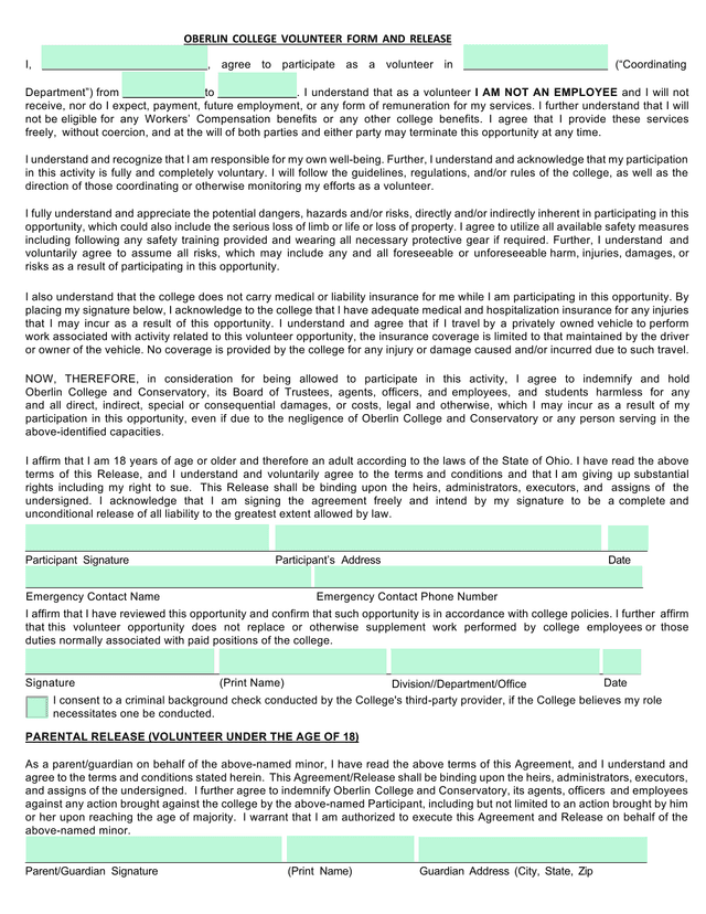Oberlin College Volunteer Form And Release screenshot