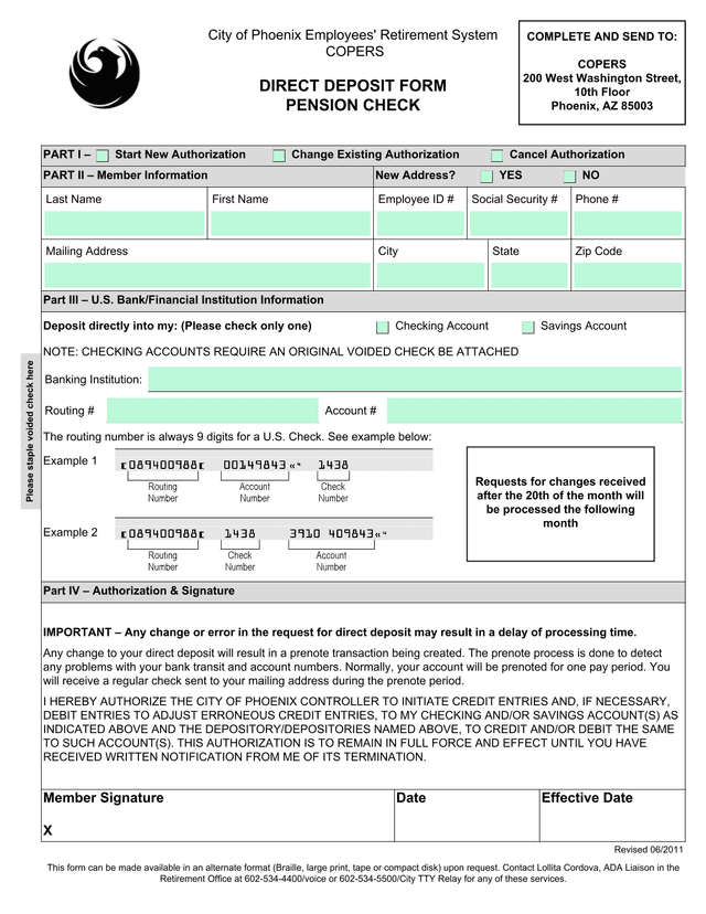 COPERS Direct Deposit Form screenshot