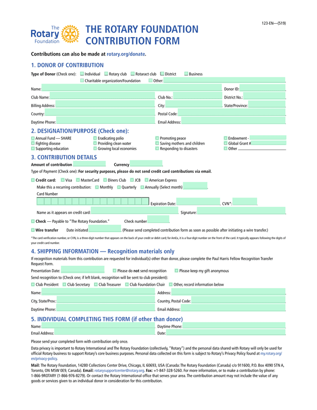 The Rotary Foundation Contribution Form screenshot