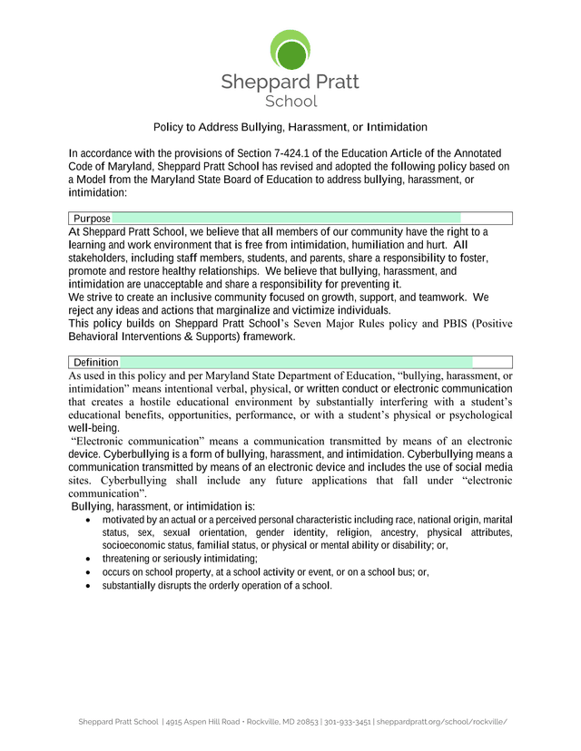 Policy To Address Bullying, Harassment, Or Intimidation screenshot