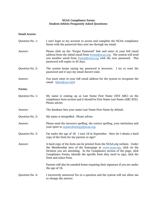 NCAA Compliance Forms Student Athlete Frequently Asked Questions screenshot