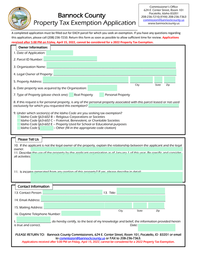 Bannock County Property Tax Exemption Application screenshot
