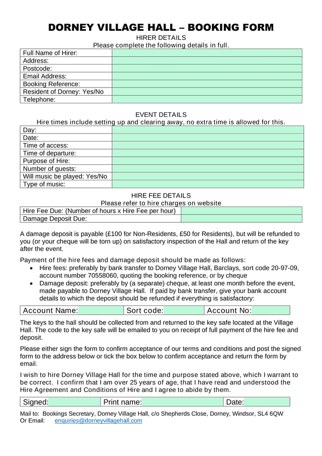 DORNEY VILLAGE HALL  BOOKING FORM screenshot