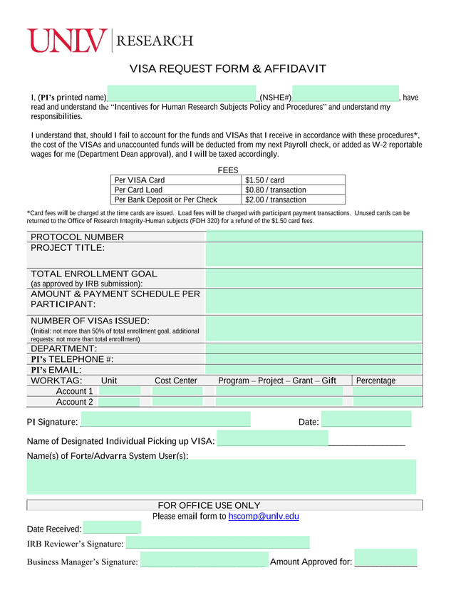 VISA REQUEST FORM  AFFIDAVIT screenshot