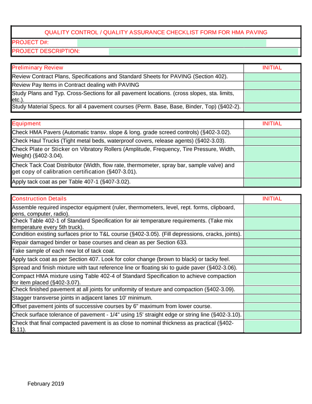QUALITY CONTROL  QUALITY ASSURANCE CHECKLIST FORM FOR HMA PAVING screenshot