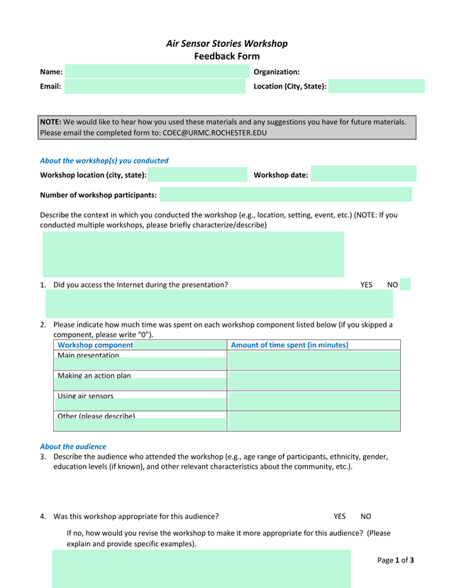 Air Sensor Stories Workshop Feedback Form screenshot