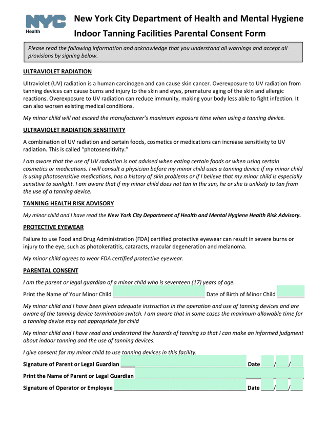 Indoor Tanning Facilities Parental Consent Form screenshot