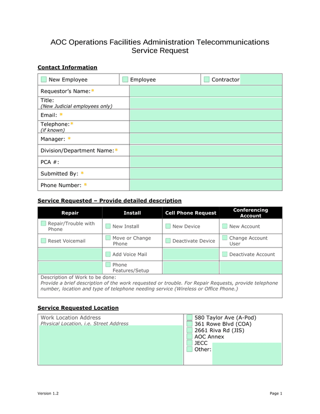 AOC Operations Facilities Administration Telecommunications Service Request screenshot