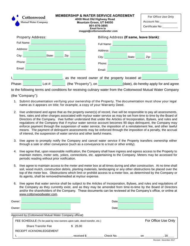 Membership  Water Service Agreement screenshot