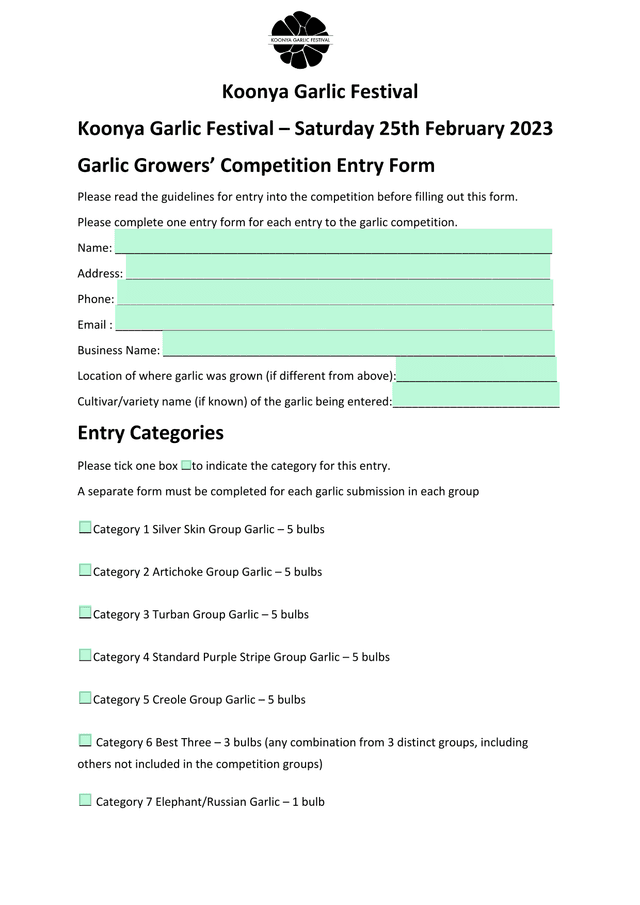 Koonya Garlic Festival Garlic Growers Competition Entry Form screenshot
