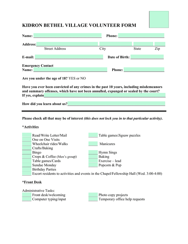 KIDRON BETHEL VILLAGE VOLUNTEER FORM screenshot