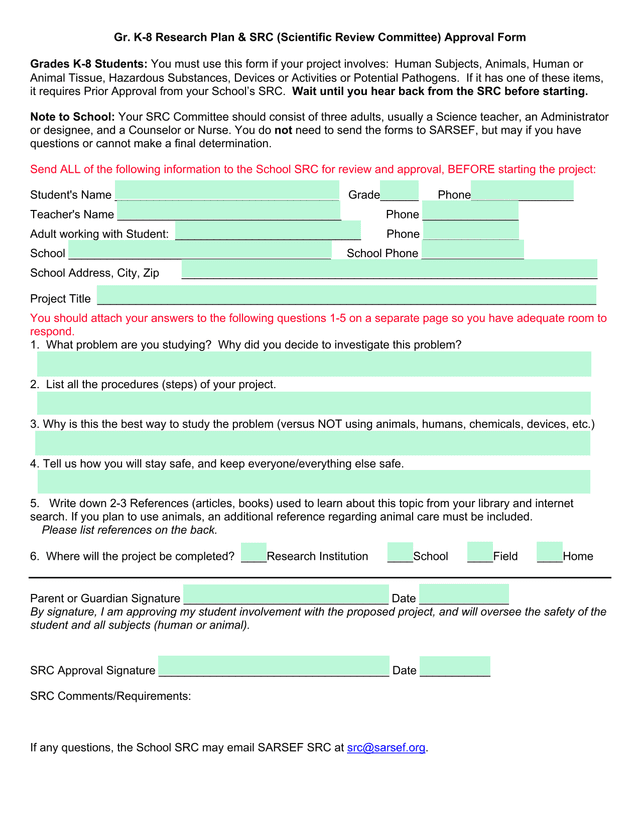 Gr. K 8 Research Plan  SRC (Scientific Review Committee) Approval Form screenshot
