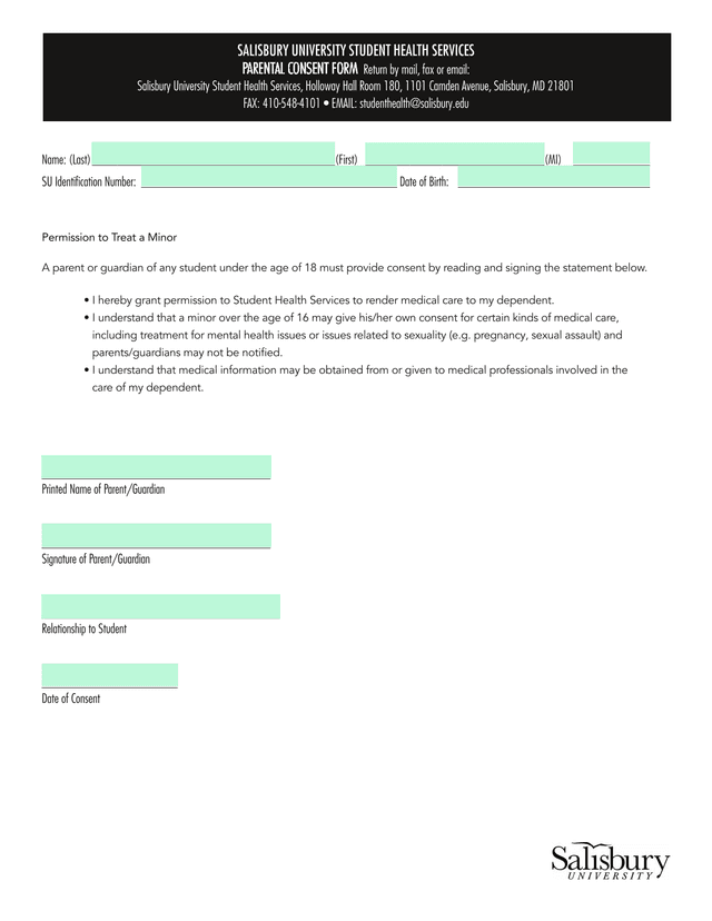 Salisbury University Student Health Services Parental Consent Form screenshot
