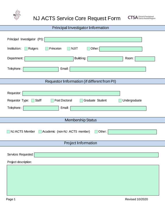 NJ ACTS Service Core Request Form screenshot