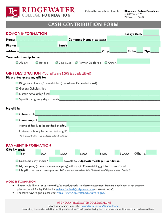 Cash Contribution Form screenshot