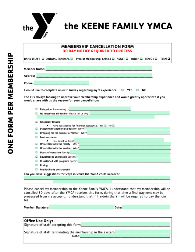 MEMBERSHIP CANCELLATION FORM screenshot