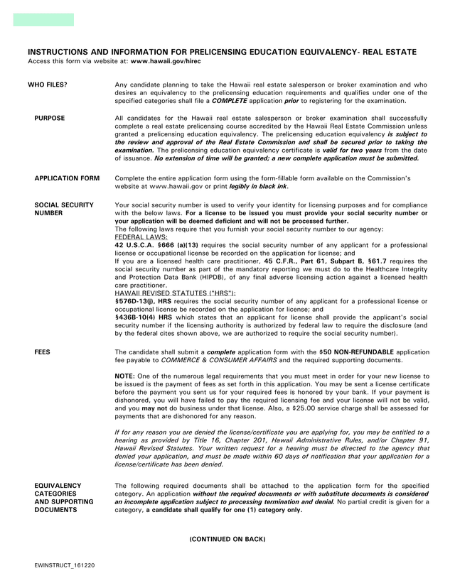INSTRUCTIONS AND INFORMATION FOR PRELICENSING EDUCATION EQUIVALENCY  REAL ESTATE screenshot