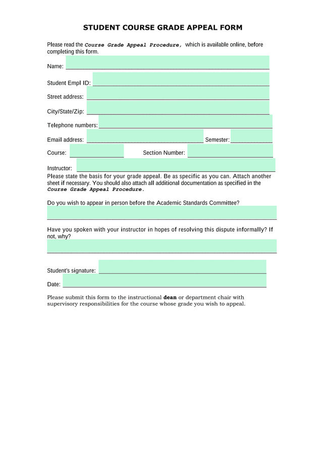 Student Course Grade Appeal Form screenshot