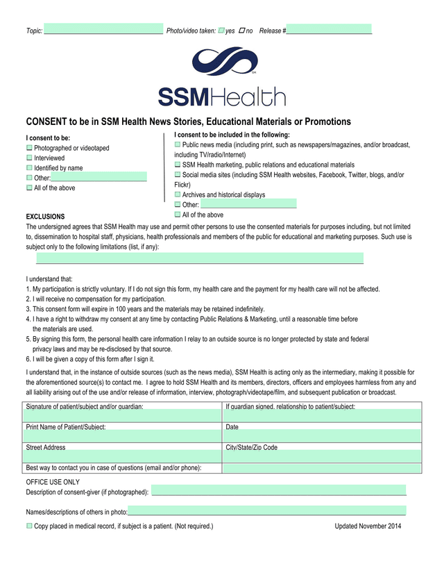 Consent To Be In SSM Health News Stories, Educational Materials Or Promotions screenshot