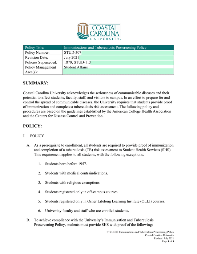 STUD 307 Immunizations And Tuberculosis Prescreening Policy screenshot