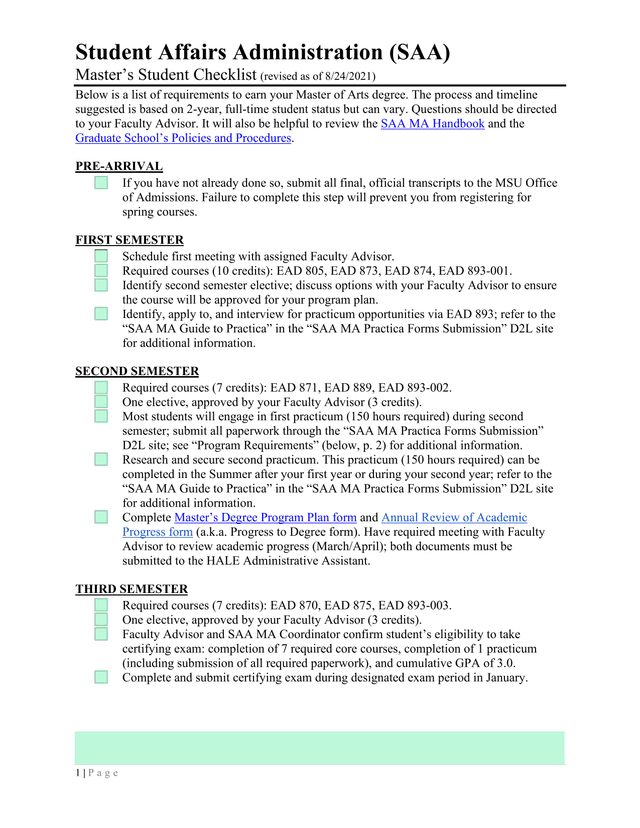 Student Affairs Administration (SAA) MasterS Student Checklist screenshot