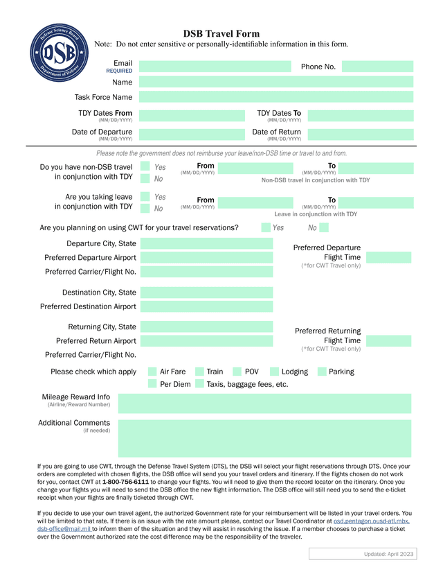 DSB Travel Form screenshot