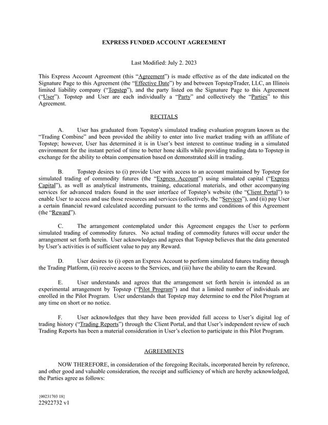 Express Funded Account Agreement screenshot