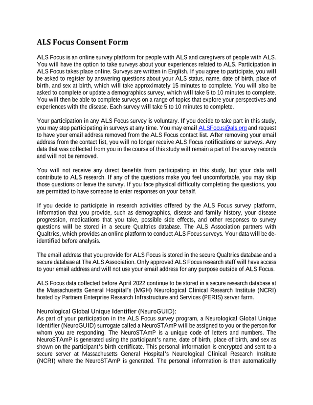 ALS Focus Consent Form screenshot