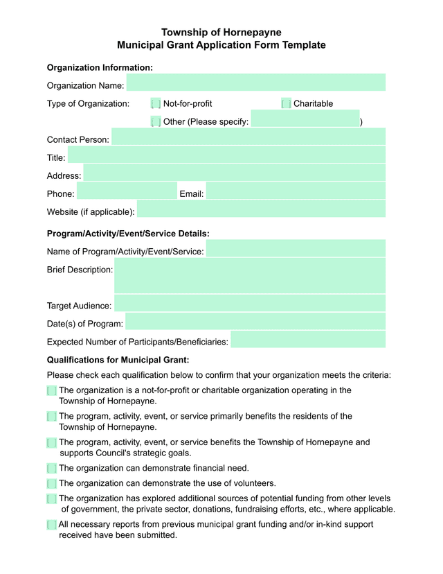Township Of Hornepayne Municipal Grant Application Form Template screenshot
