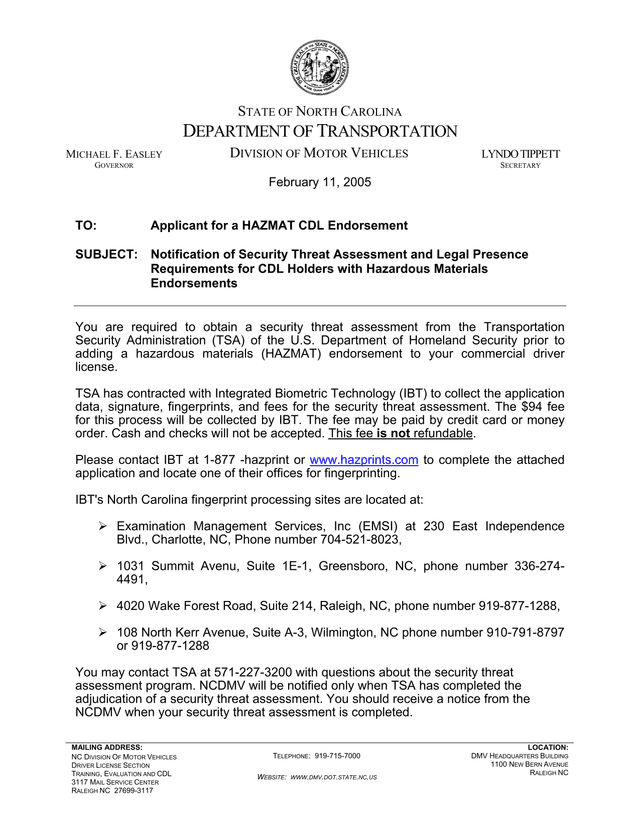 Notification Of Security Threat Assessment And Legal Presence Requirements For CDL Holders With Haza screenshot