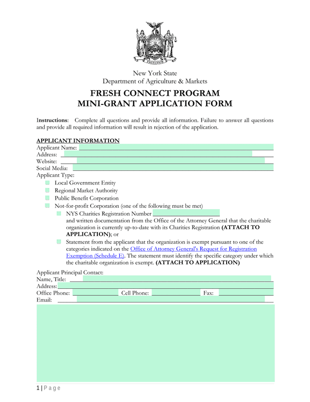 Fresh Connect Program Mini Grant Application Form screenshot