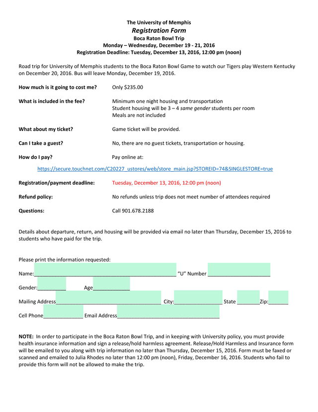 Boca Raton Bowl Trip Registration Form screenshot