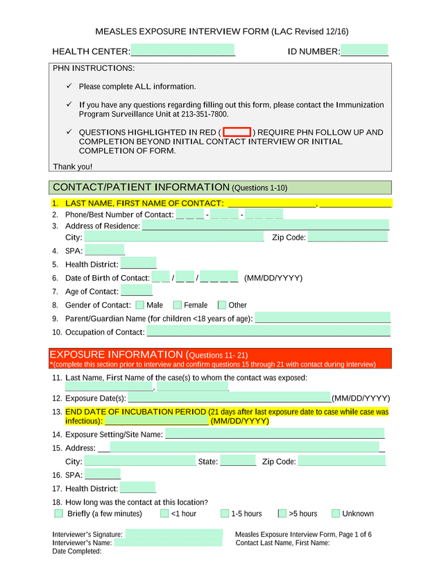 Measles Exposure Interview Form screenshot