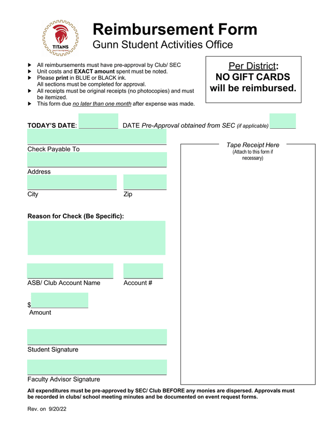 Reimbursement Form screenshot