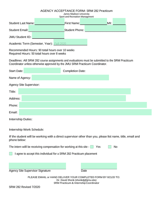 AGENCY ACCEPTANCE FORM SRM 282 Practicum screenshot