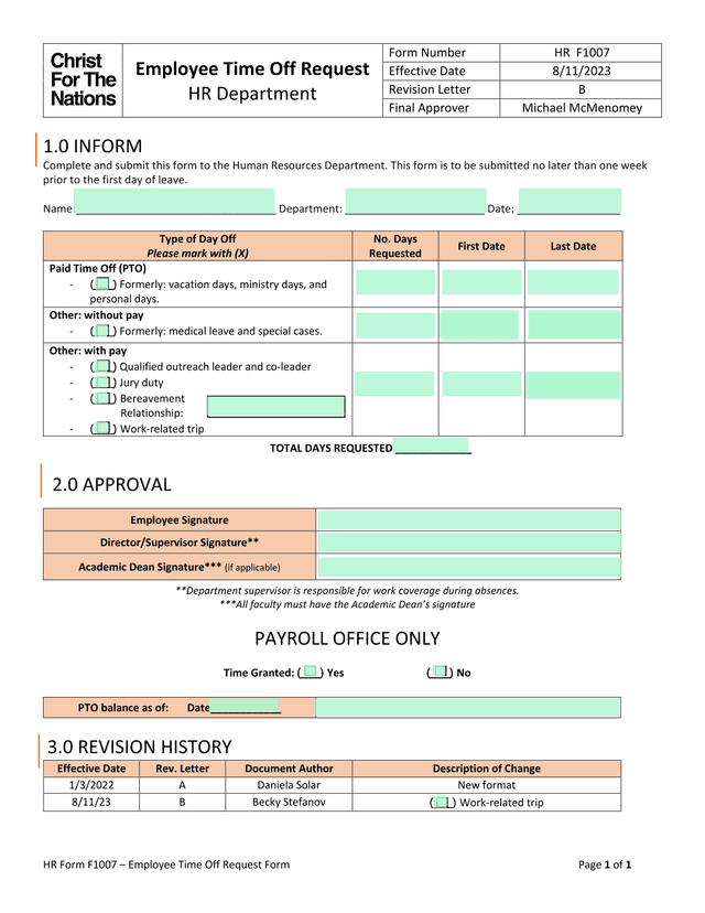 Employee Time Off Request screenshot