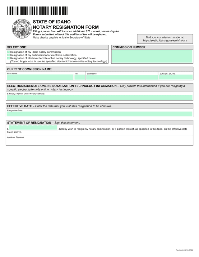 STATE OF IDAHO NOTARY RESIGNATION FORM screenshot