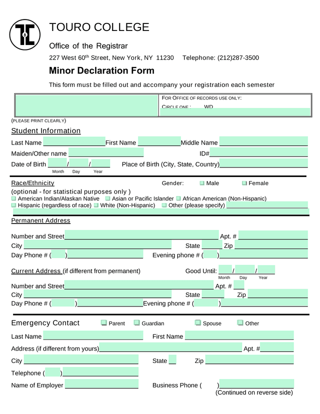Minor Declaration Form screenshot