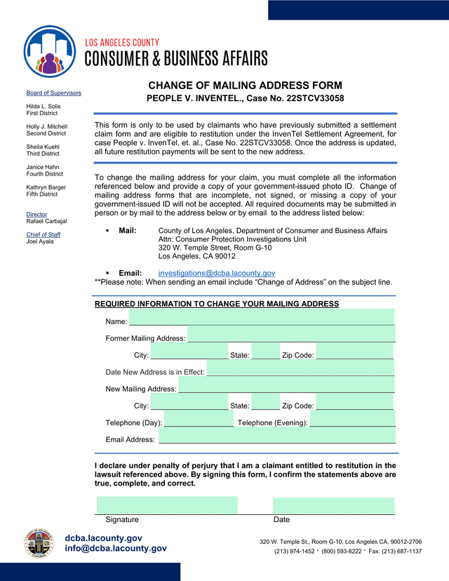 Change Of Mailing Address Form   People V. InvenTel screenshot