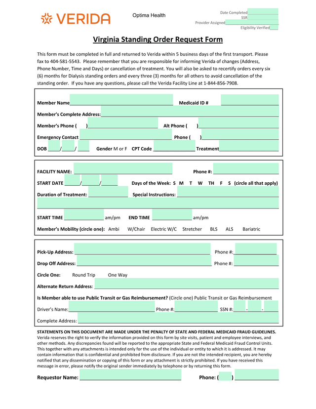 Virginia Standing Order Request Form screenshot