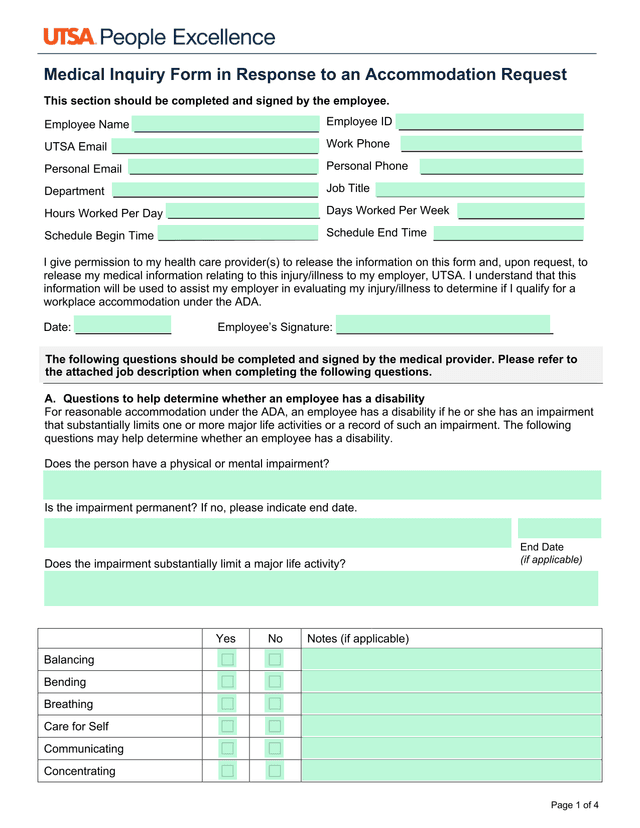 Medical Inquiry Form In Response To An Accommodation Request screenshot