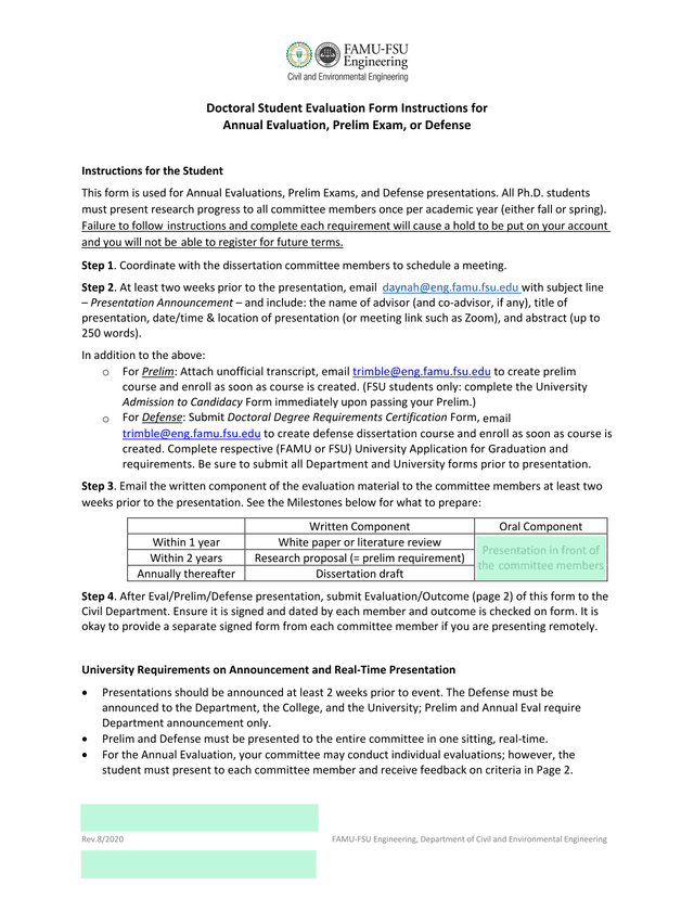 Doctoral Student Evaluation Form Instructions screenshot