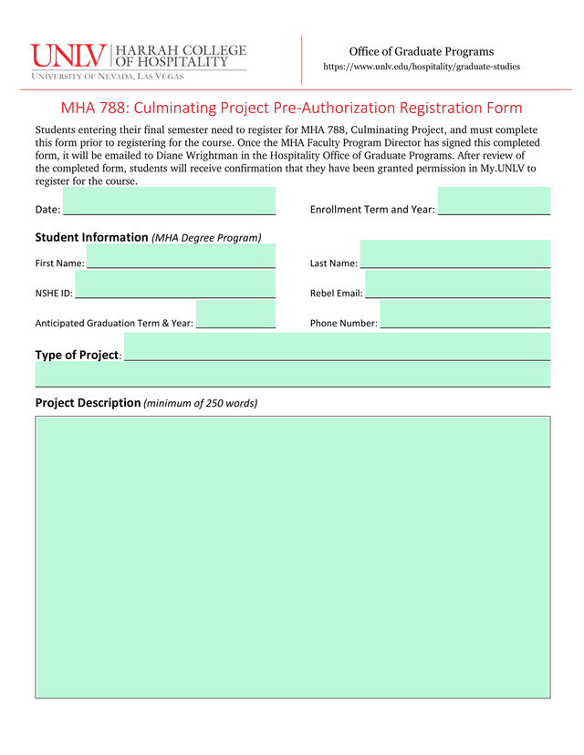 MHA 788 Culminating Project Pre Authorization Registration Form screenshot